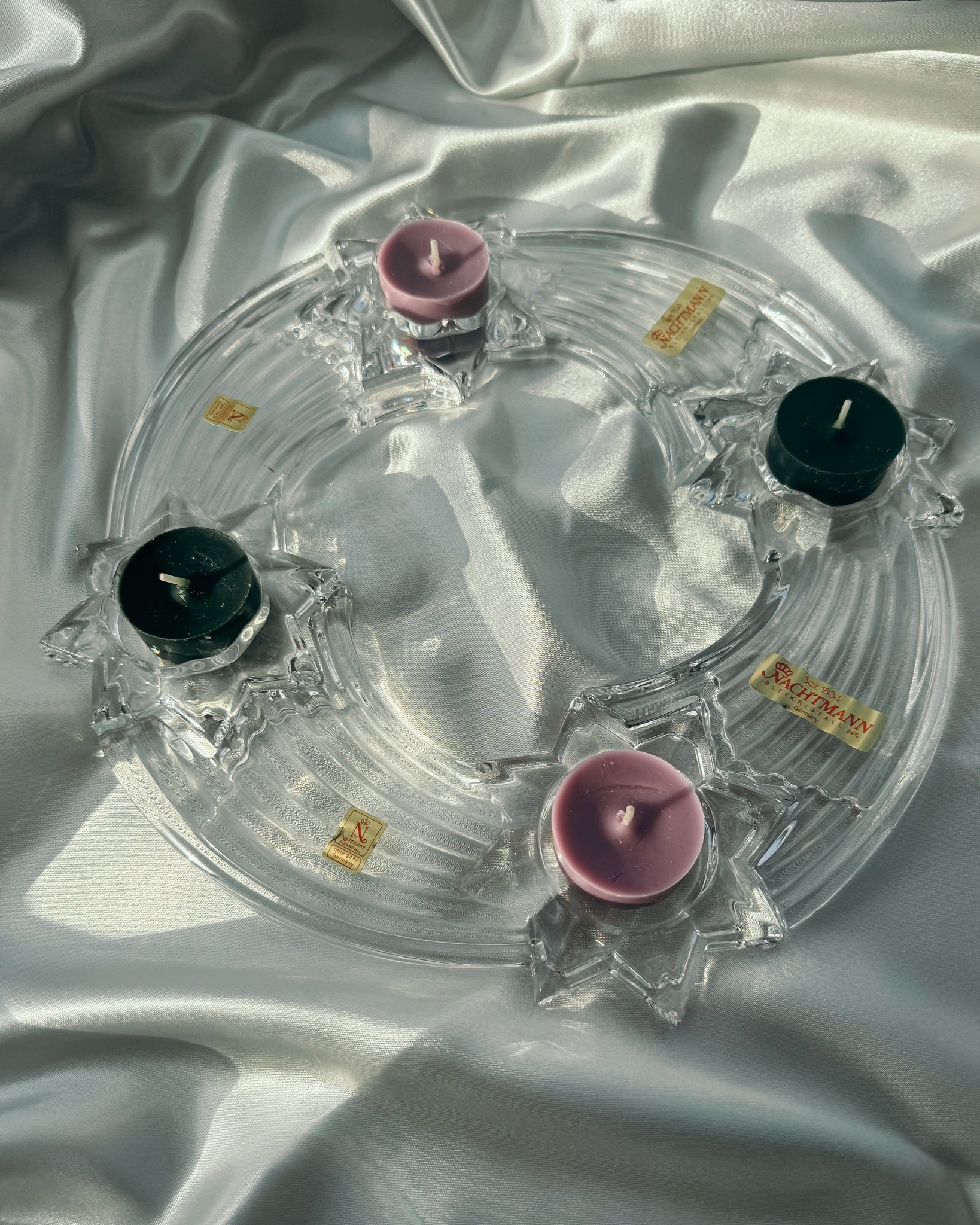 flacher Adventskranz aus Kristallglas