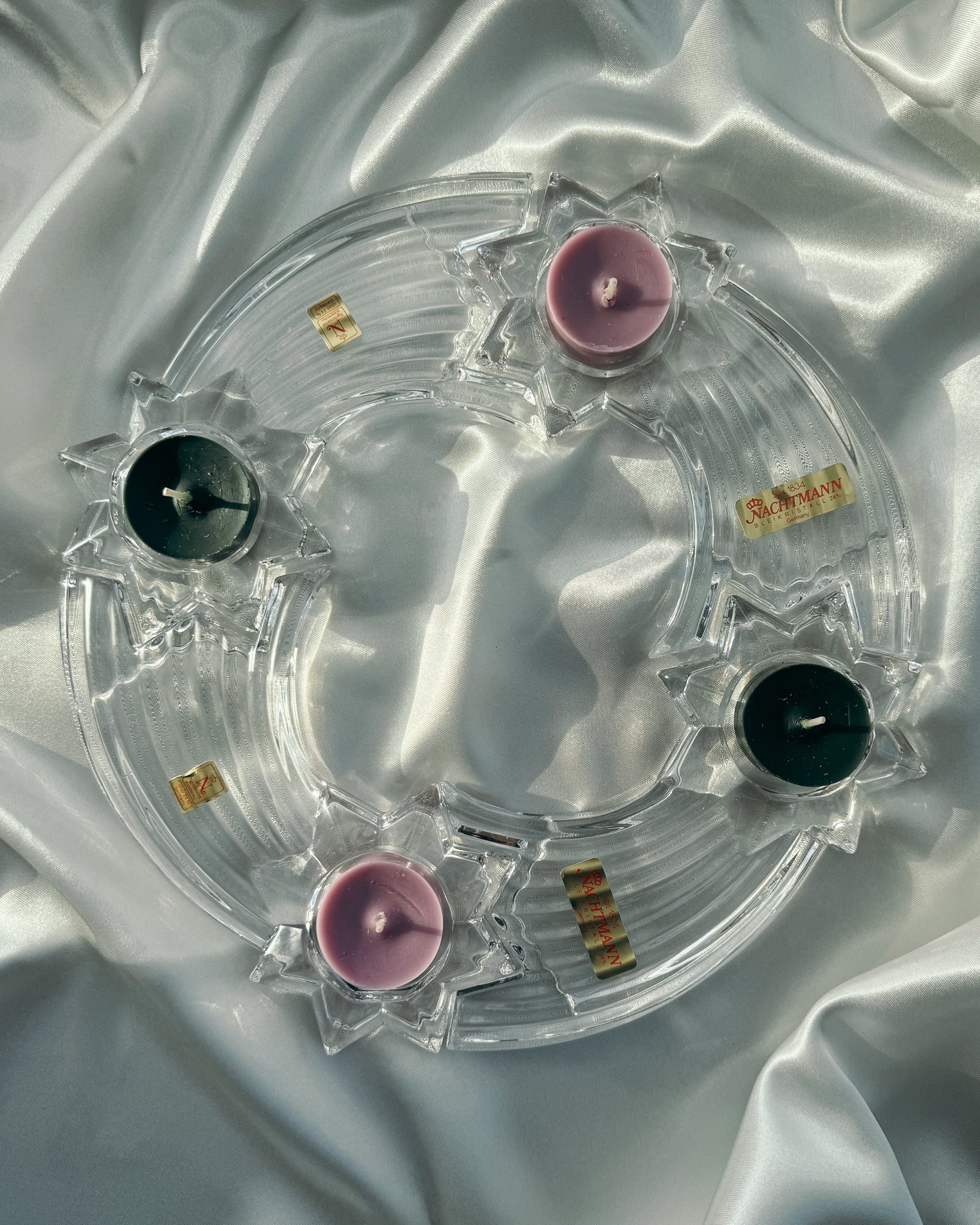 flacher Adventskranz aus Kristallglas