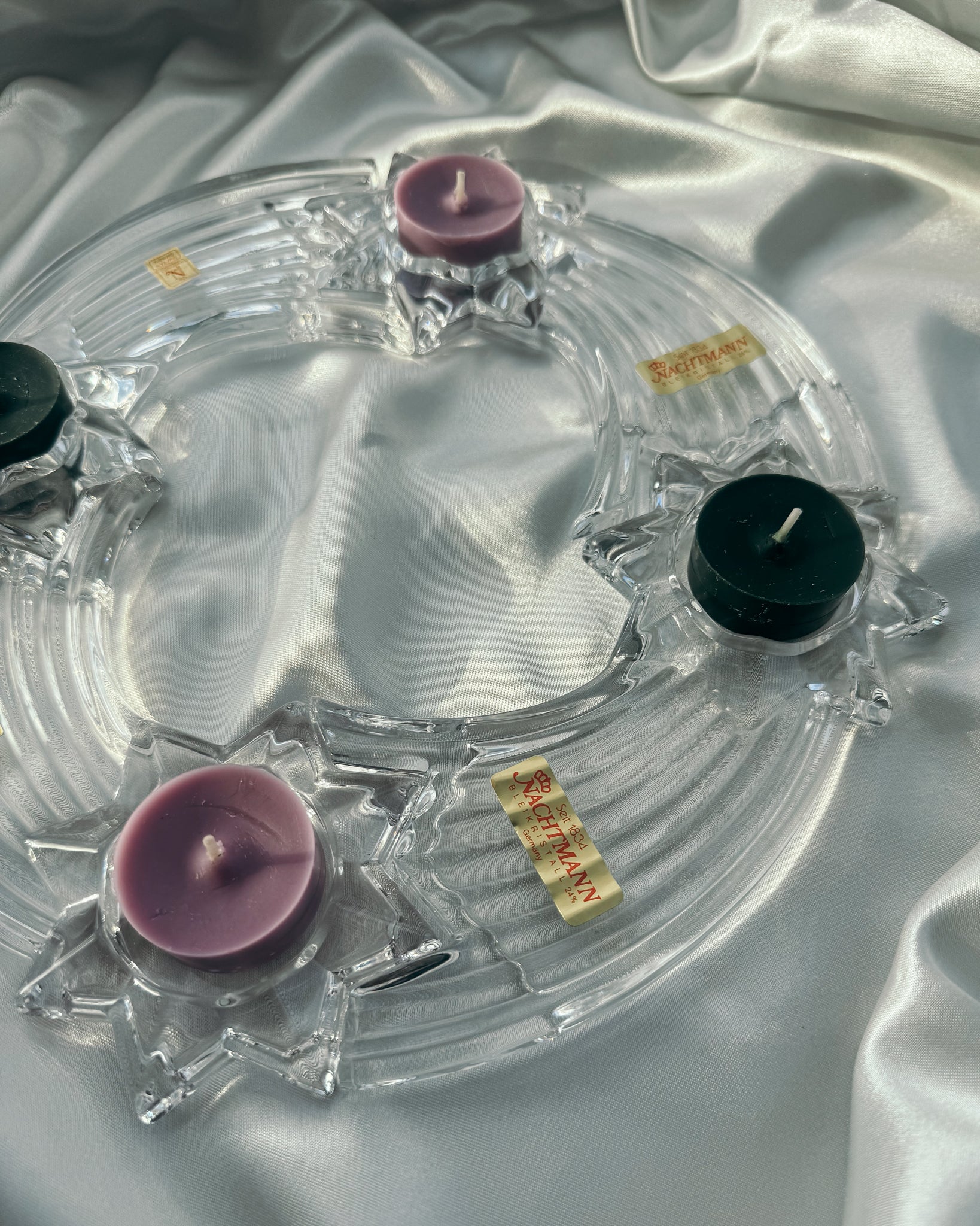 flacher Adventskranz aus Kristallglas