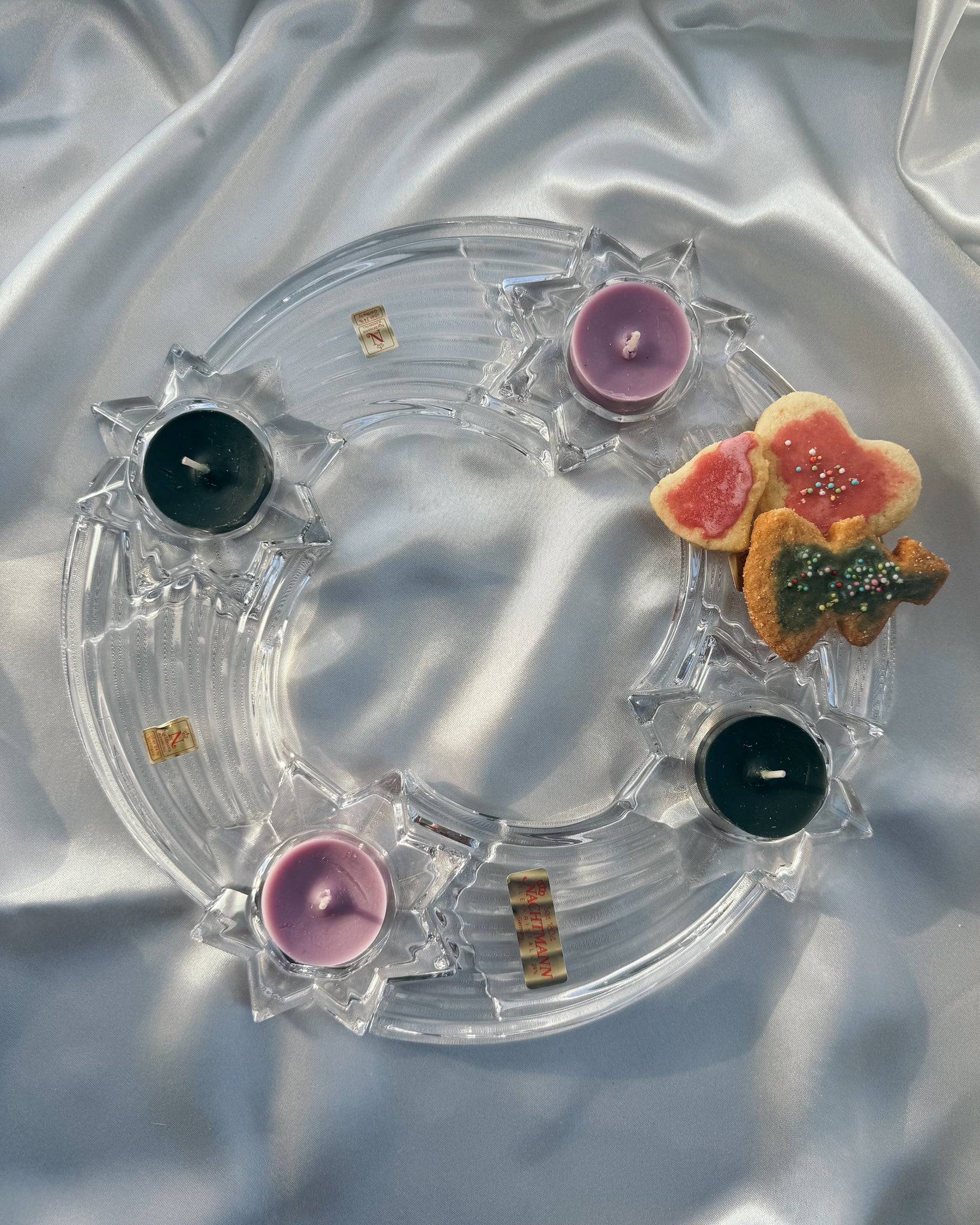 flacher Adventskranz aus Kristallglas