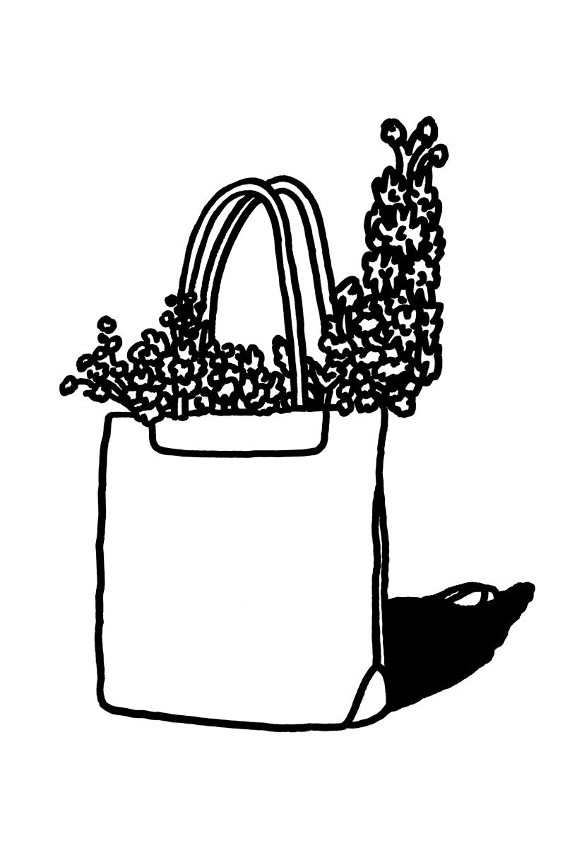 Illustration by C.W. Moss. Handbag by Bally with flowers.