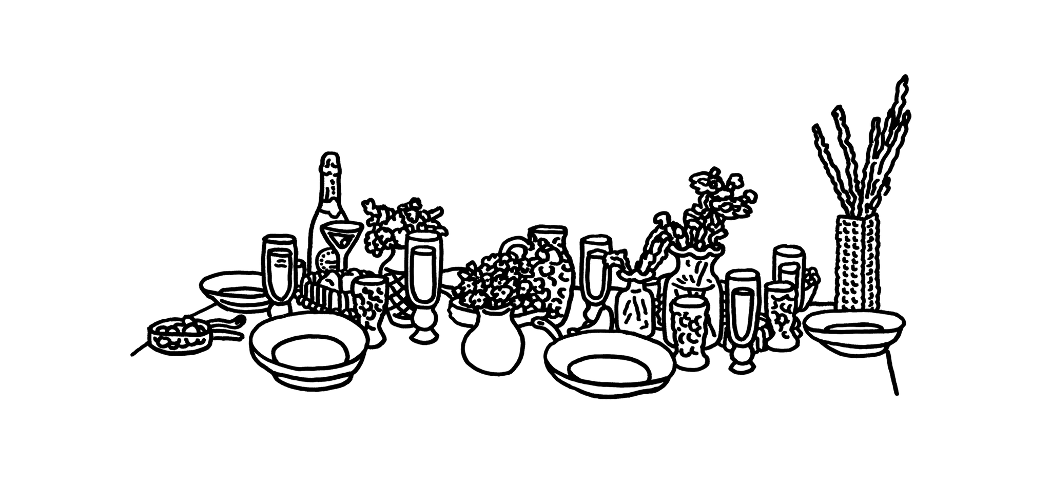 Illustration eines gedeckten Tisches mit Blumenvasen, Tellern, Tassen und Besteck von C.W. Moss.